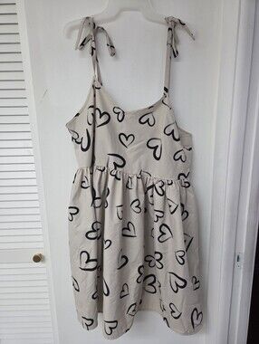SHEIN Beige Sundress with Black Heart Print and Tie Straps